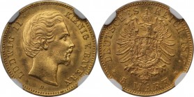 5 Mark 1877 D
Deutsche Münzen und Medaillen ab 1871, REICHSGOLDMÜNZEN, Bayern, Ludwig II. (1864-1886). 5 Mark 1877 D, Gold. KM 904. NGC MS-63