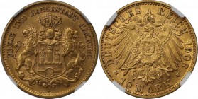 10 Mark 1906 J
Deutsche Münzen und Medaillen ab 1871, REICHSGOLDMÜNZEN, Hamburg. 10 Mark 1906 J, Gold. KM 608. NGC AU-58