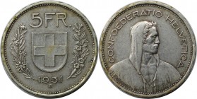 5 Franken 1931 B
Europäische Münzen und Medaillen, Schweiz / Switzerland. 5 Franken 1931 B, Silber. KM 40. Sehr schön+