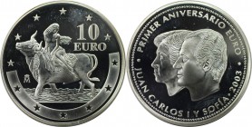 10 Euro 2003 
Europäische Münzen und Medaillen, Spanien / Spain. Europäische Währungsunion - Europa auf dem Stier. 10 Euro 2003, Silber. KM 1092. Pol...