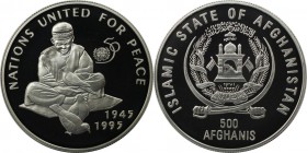 500 Afghanis 1995 
Weltmünzen und Medaillen, Afghanistan. 50 Jahre Vereinte Nationen. 500 Afghanis 1995, Silber. KM 1031. Polierte Platte