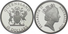 10 Dollars 1989 
Weltmünzen und Medaillen, Australien / Australia. "Queensland". 10 Dollars 1989, 0,925 Silber. 0,591 OZ. 20 g. KM 114. Polierte Plat...