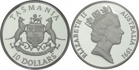 10 Dollars 1991 
Weltmünzen und Medaillen, Australien / Australia. "Tasmania". 10 Dollars 1991, 0,925. Silber. 0,591 OZ. 20 g. KM 153. Polierte Platt...