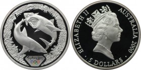 5 Dollars 2000 
Weltmünzen und Medaillen, Australien / Australia. Olympische Spiele 2000 in Sydney - Zwei Weiße Haie. 5 Dollars 2000, Silber. KM 372....