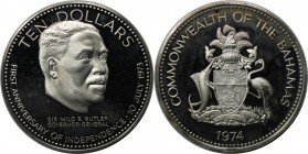 10 Dollars 1974 
Weltmünzen und Medaillen, Bahamas. Erster Jahrestag der Unabhänigkeit - Sir Milo B. Butler. 10 Dollars 1974, Silber. 1.5 OZ. KM 68a....