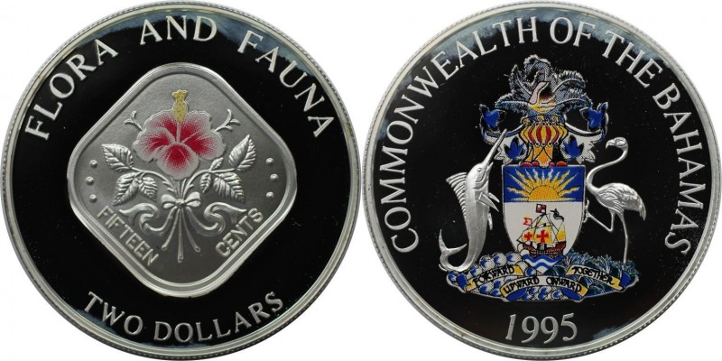2 Dollars 1995 
Weltmünzen und Medaillen, Bahamas. Farbmünze. Hibiskus. 2 Dolla...