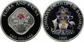 2 Dollars 1995 
Weltmünzen und Medaillen, Bahamas. Farbmünze. Hibiskus. 2 Dollars 1995, Silber. KM 164. Polierte Platte
