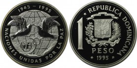 1 Peso 1995 
Weltmünzen und Medaillen, Dominikanische Republik / Dominican Republic. 50 Jahre Vereinte Nationen. 1 Peso 1995, Silber. KM 87a. Poliert...