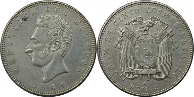 5 Sucres 1944 
Weltmünzen und Medaillen, Ecuador. Antonio Jose de Sucre. 5 Sucr...