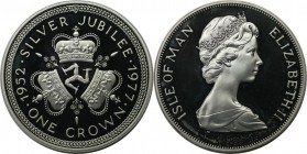 Crown 1977 
Weltmünzen und Medaillen, Isle of Man. 25 jähriges Thronjubiläum Elisabeth II. Crown 1977, Silber. KM 41a. Polierte Platte, mit Box + Zer...