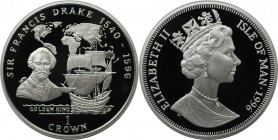 1 Crown 1996 
Weltmünzen und Medaillen, Isle of Man. Sir Francis Drake. 1 Crown 1996, Silber. KM 629a. Polierte Platte