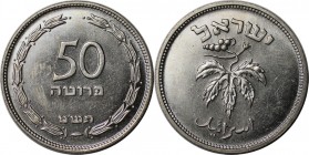 50 Prutah 1949 
Weltmünzen und Medaillen, Israel. 50 Prutah 1949, Kupfer-Nickel. KM #13.1. Weintrauben mit Perle. Fast Stempelglanz