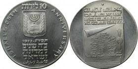 10 Lirot 1973 
Weltmünzen und Medaillen, Israel. 25 Jahre Unabhängigkeit. 10 Lirot 1973, Silber. 0.75 OZ. KM 71. Stempelglanz