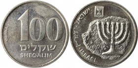 100 Sheqalim 1984-1985 
Weltmünzen und Medaillen, Israel. Menorah. 100 Sheqalim 1984-1985, Kupfer-Nickel. KM 143. Fast Stempelglanz