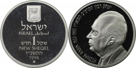 1 New Sheqel 1996 
Weltmünzen und Medaillen, Israel. Yitzhak Rabin. 1 New Sheqel 1996, Silber. 0.43 OZ. KM 297. Stempelglanz