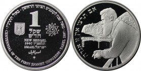 1 New Sheqel 1997 
Weltmünzen und Medaillen, Israel. Zionistenkongress / Dr. Herzl. 1 New Sheqel 1997, Silber. 0.43 OZ. KM 300. Stempelglanz