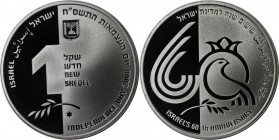 1 New Sheqel 2008 
Weltmünzen und Medaillen, Israel. 60 Jahre Israel - Nill in Zahl 60 symbolisiert Granatapfel. 1 New Sheqel 2008, Silber. 0.43 OZ. ...