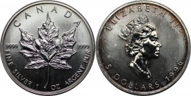5 Dollars 1996 
Weltmünzen und Medaillen, Kanada / Canada. Maple Leaf. 5 Dollars 1996, Silber. 1 OZ. KM 187. Stempelglanz