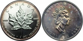 5 Dollars 1998 
Weltmünzen und Medaillen, Kanada / Canada. Maple Leaf. 5 Dollars 1998, Silber. 1 OZ. KM 187. Stempelglanz, Feine Patina
