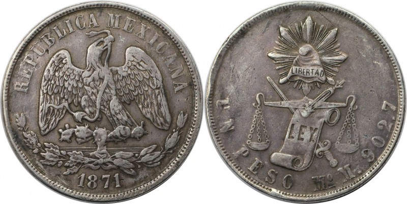 1 Peso 1871 Mo M
Weltmünzen und Medaillen, Mexiko / Mexico. 1 Peso 1871 Mo M, S...