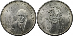 5 Pesos 1953 
Weltmünzen und Medaillen, Mexiko / Mexico. 200. Geburtstag Miguel Hidalgo Costilla. 5 Pesos 1953, Silber. KM 468. Stempelglanz