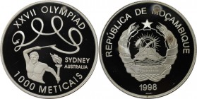 1000 Meticais 1998 
Weltmünzen und Medaillen, Mosambik / Mozambique. XXVII. Olympische Spiele 2000 in Sydney. 1000 Meticais 1998, Silber. KM 128. Pol...