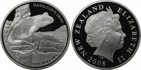5 Dollars 2008 
Weltmünzen und Medaillen, Neuseeland / New Zealand. "Hamilton's Frog". 5 Dollars 2008, Silber. KM 233a. Auflage nus 4000 Ex. Polierte...