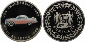 100 Gulden 1996 
Weltmünzen und Medaillen, Suriname. Ford - Thunderbird 1956. 100 Gulden 1996. Kupfer-Nickel. KM 46. Polierte Platte. Leicht berührt....