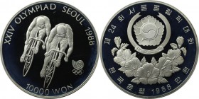 10000 Won 1988 
Weltmünzen und Medaillen, Südkorea / Korea South. Olympische Spiele 1988 in Seoul - Radfahren. 10000 Won 1988, Silber. KM 76. Poliert...