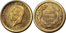50 Kurush 1923 / 54 
Weltmünzen und Medaillen, Türkei / Turkey. 50 Kurush 1923 / 54, Gold. 1.06 OZ. 3.61 g. KM 853. Stempelglanz