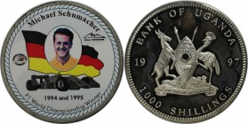 1000 Shillings 1997 
Weltmünzen und Medaillen, Uganda. Michael Schumacher. 1000 Shillings 1997, Kupfer-Nickel. KM 56. Polierte Platte