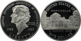 Dollar 1993 S
Weltmünzen und Medaillen, Vereinigte Staaten / USA / United States. 250. Geburtstag von Thomas Jefferson. Dollar 1993 S, Silber. KM 249...