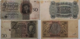 Lot von 2 Banknoten 1924 - 1929 
Banknoten, Deutschland / Germany, Lots und Sammlungen. Reichsbanknoten. 20 Mark, 50 Mark 1924-1929. Pick 177, 181. L...