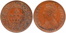 Copper One Twelfth Anna Coin of Victoria Empress of Calcutta Mint of 1895.