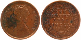 Copper One Quarter Anna Coin of Victoria Queen of Calcutta Mint of 1875.