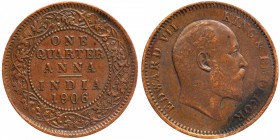 Bronze One Quarter Anna Coin of King Edward VII of Calcutta Mint of 1906.