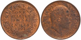 Bronze One Quarter Anna Coin of King Edward VII of Calcutta Mint of 1907.