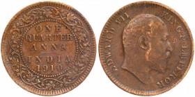 Bronze One Quarter Anna Coin of King Edward VII of Calcutta Mint of 1910.