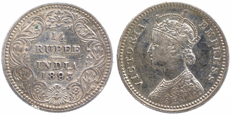 British India
Rupee 1/4
Rupee 1/4
1893, Victoria Empress, Silver 1/4 Rupee, C...