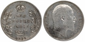 Silver One Rupee Coin of King Edward VII of Calcutta Mint of 1905.