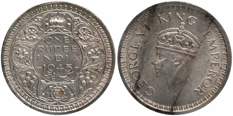 British India
Rupee 1
Rupee 01
1945, King George VI, Silver Rupee, Lahore Min...