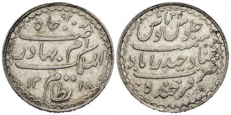 India. Hyderabad. Mir Mahbud Ali Khan II. 1 rupia. 1318 H / 34. (Km-Y32). Ag. 11...