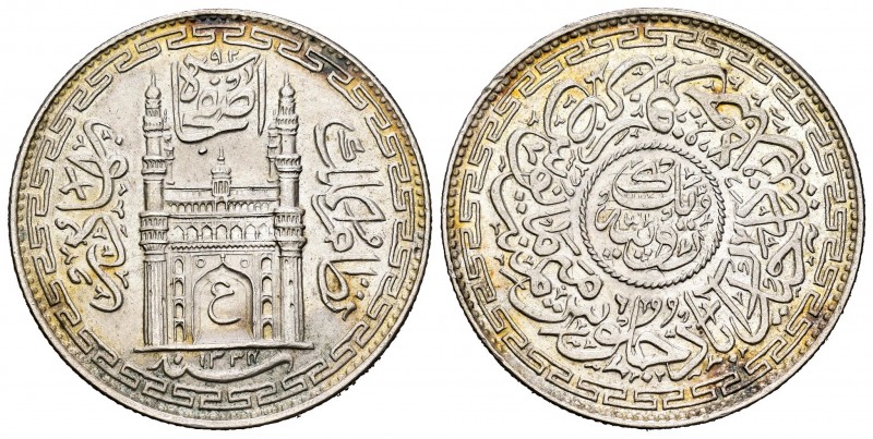 India. Hyderabad. Mir Usman Ali Khan. 1 rupia. 1334 H / 6. (Km-Y53a). Ag. 11,25 ...