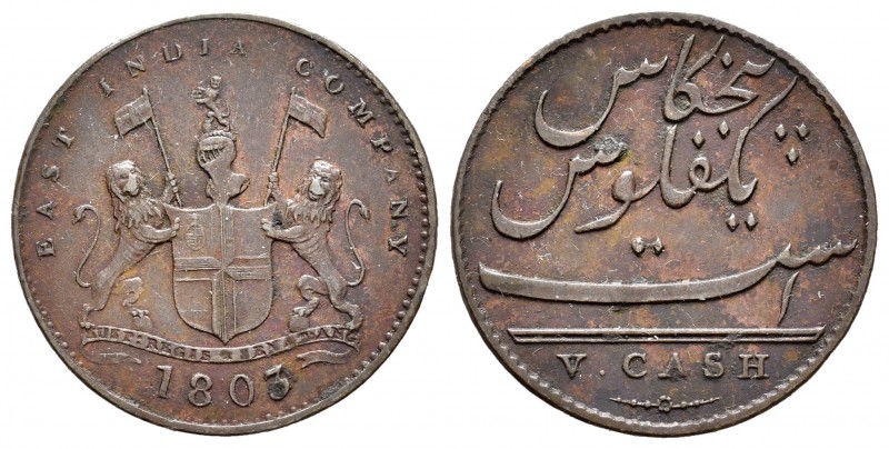India. Madras Presidency. 5 cash. 1803. (Km-317). Ae. 3,01 g. Leyenda del anvers...