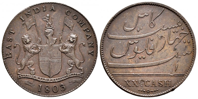 India. Madras Presidency. 20 cash. 1803. (Km-321). Ae. 12,89 g. Golpecitos en re...