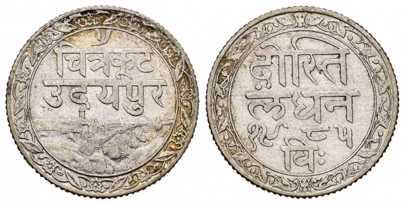 India. Mewar. Fatteh Singh. 1/4 rupia. VS 1985 (1928). (Km-Y20). Ag. 2,68 g. VF....