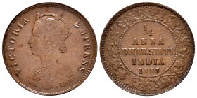 India. Dhar. Anand Rao III. 1/4 anna. 1887. (Km-13). Ae. 6,48 g. Bajo el Protectorado Británico. Rara. Choice VF. Est...50,00.