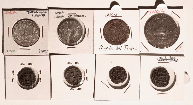 Bhutan. Lote de 8 piezas, 1/2 rupia de cobre (4), 1 tanka (1), rupias del templo...
