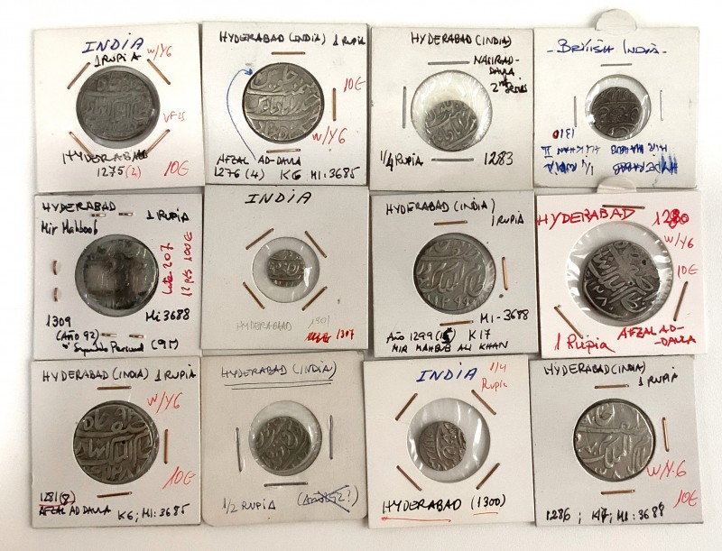 India. Lote de 12 piezas del estado Hyderabad, 1 rupia (7), 1/2 rupia (1), 1/4 r...
