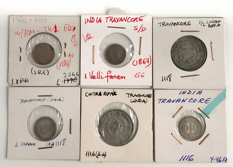India. Lote de 6 piezas de plata del estado de Travancore, 2 de 1 fanam (1116 y ...
